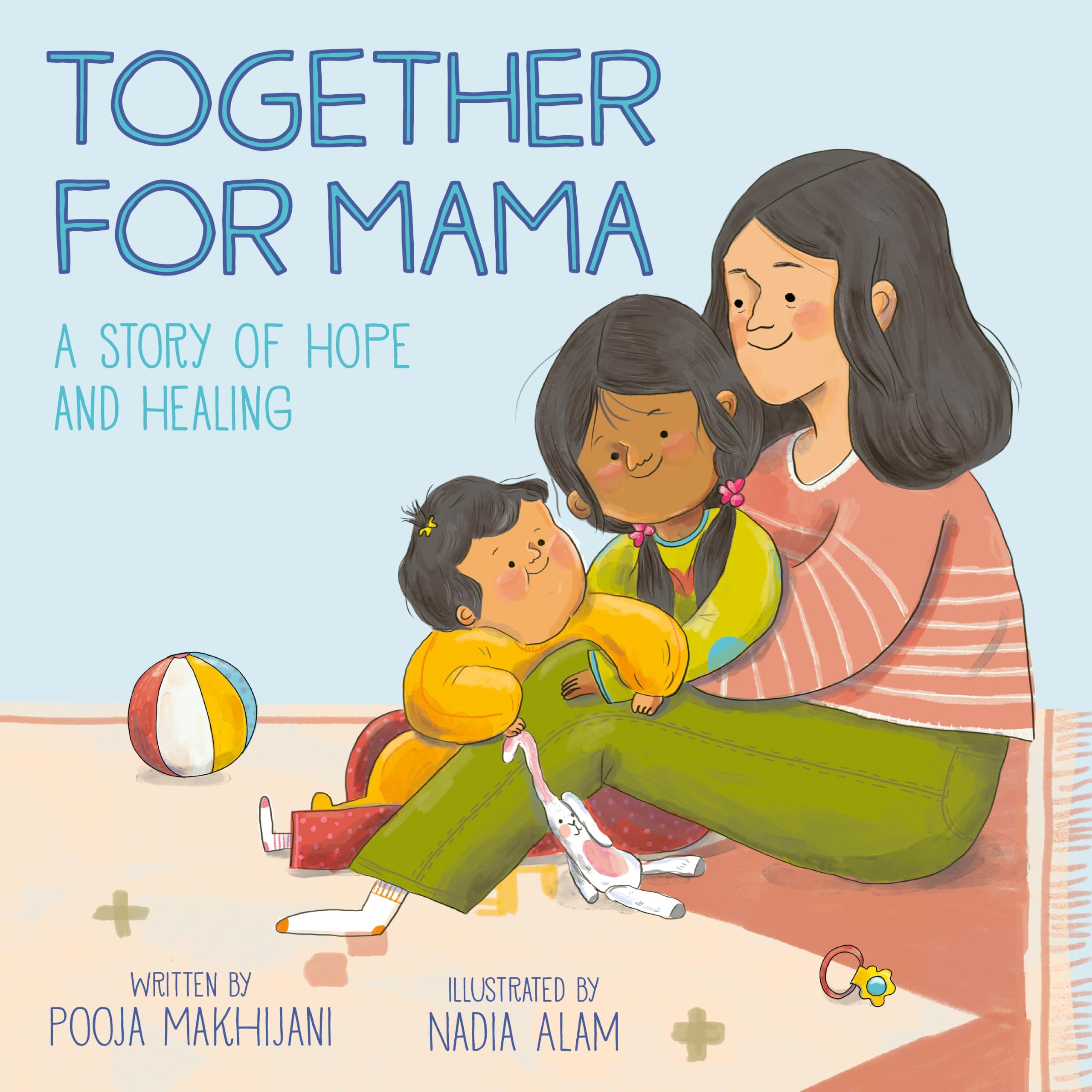Version 100 – To Speak Online Book cover illustration: mother embracing three children on a beach, with the title 'Together for Mama' and subtitle about hope and healing.