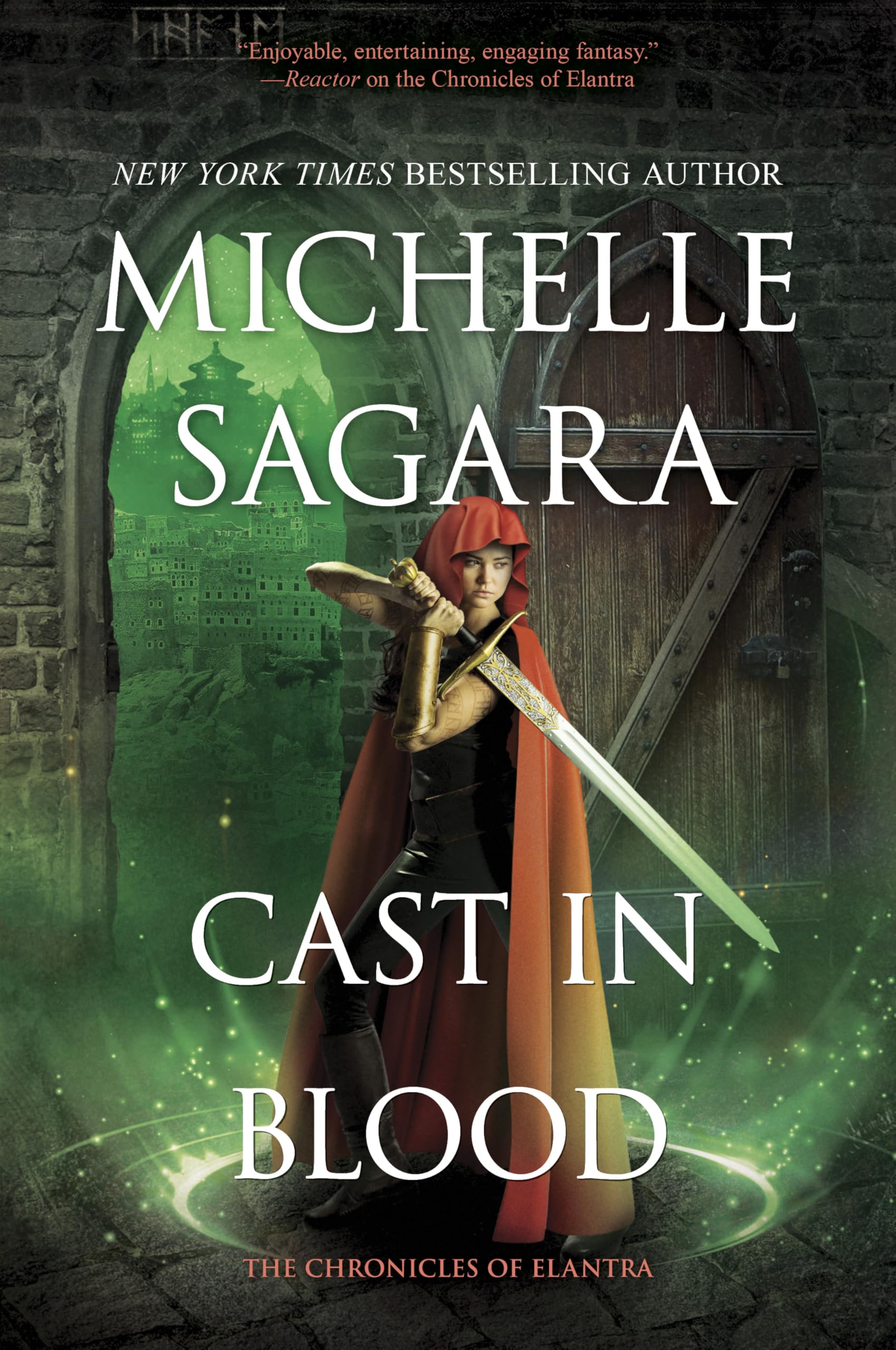 Version 100 – To Speak Online Cover of a fantasy novel showing a female warrior in a red cloak with a drawn sword, standing before a heavy wooden door and a green magical portal. The large white title reads 'MICHELE SAGA... BLOOD' with stone walls in the background.