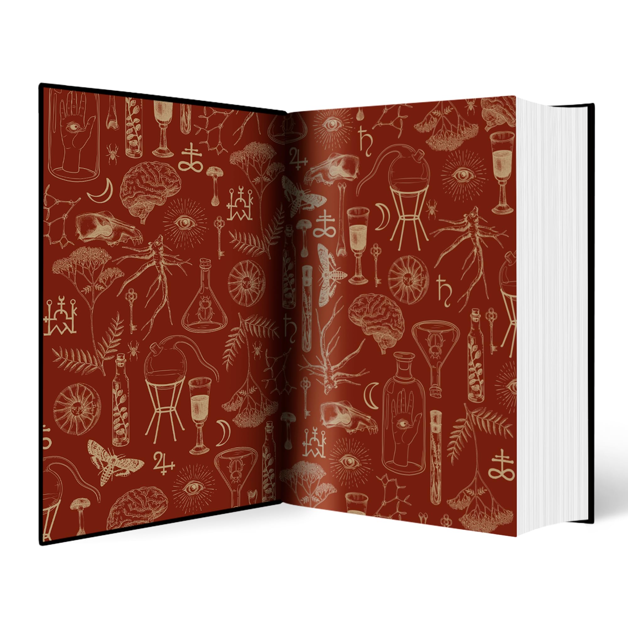 Version 100 – To Speak Online Open, spiraling book with red illustrated pages filled with science doodles and symbols on a dark cover.