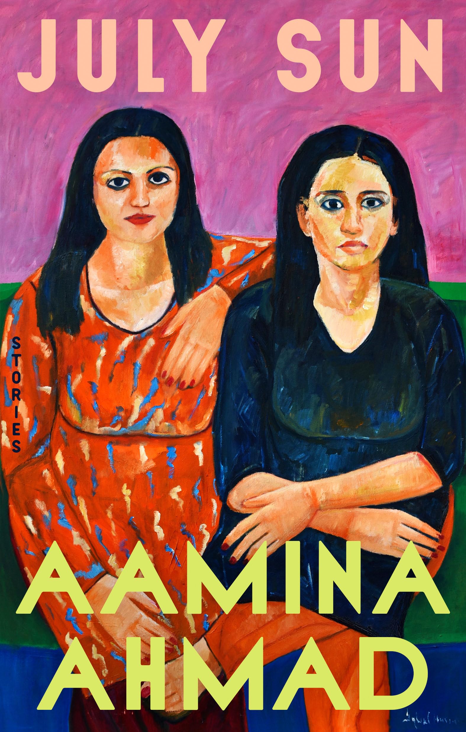 Version 100 – To Speak Online Two women in a vivid, expressionist painting, one in orange patterned dress and the other in dark blue, with pink background and large yellow text JULY SUN above and AMINA AHMAD below.