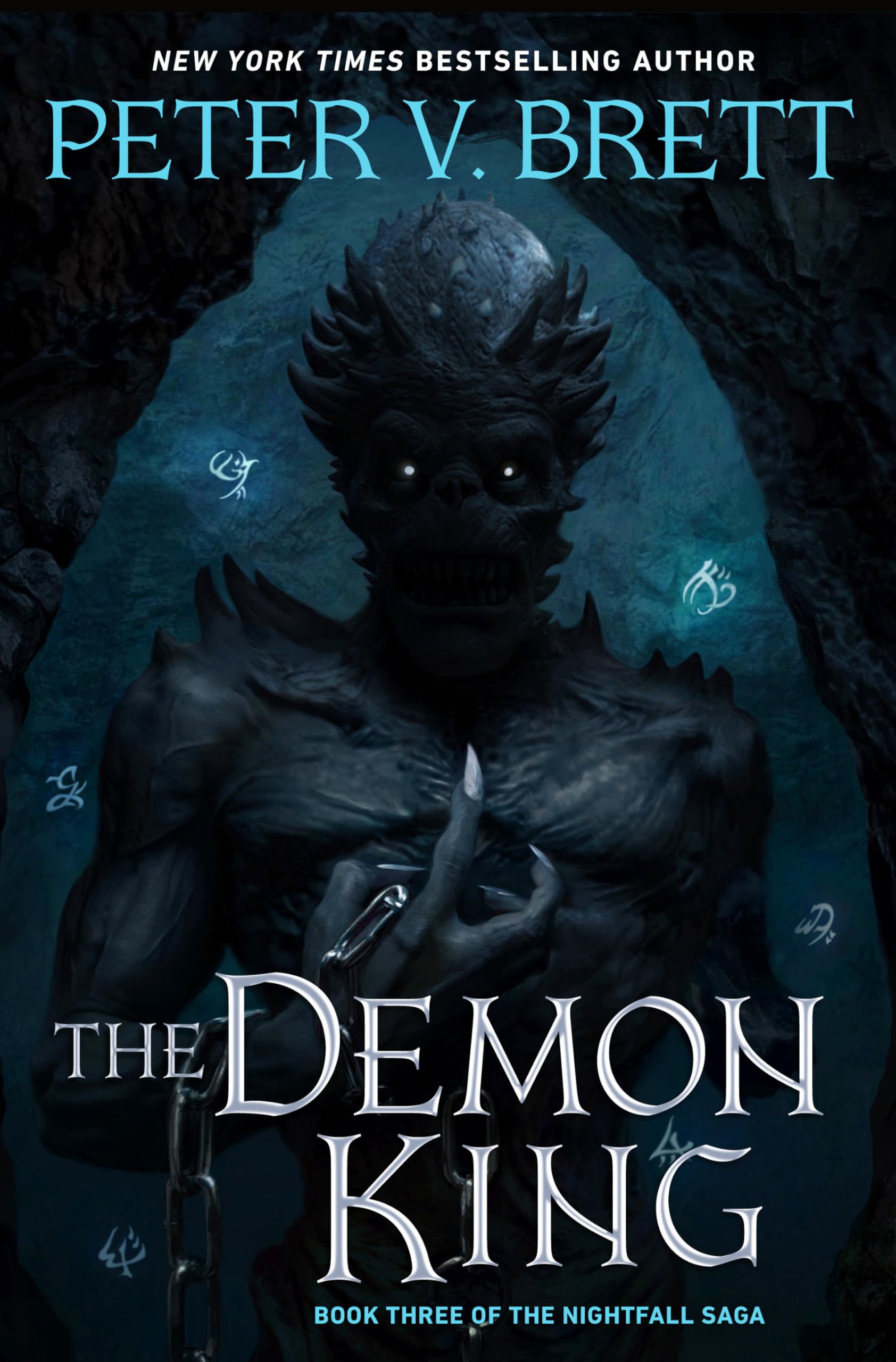 Version 100 – To Speak Online Dark blue fantasy book cover showing a menacing demon figure with glowing eyes emerging from a cave; title 'The Demon King' and author 'Peter V. Brett' at the top.