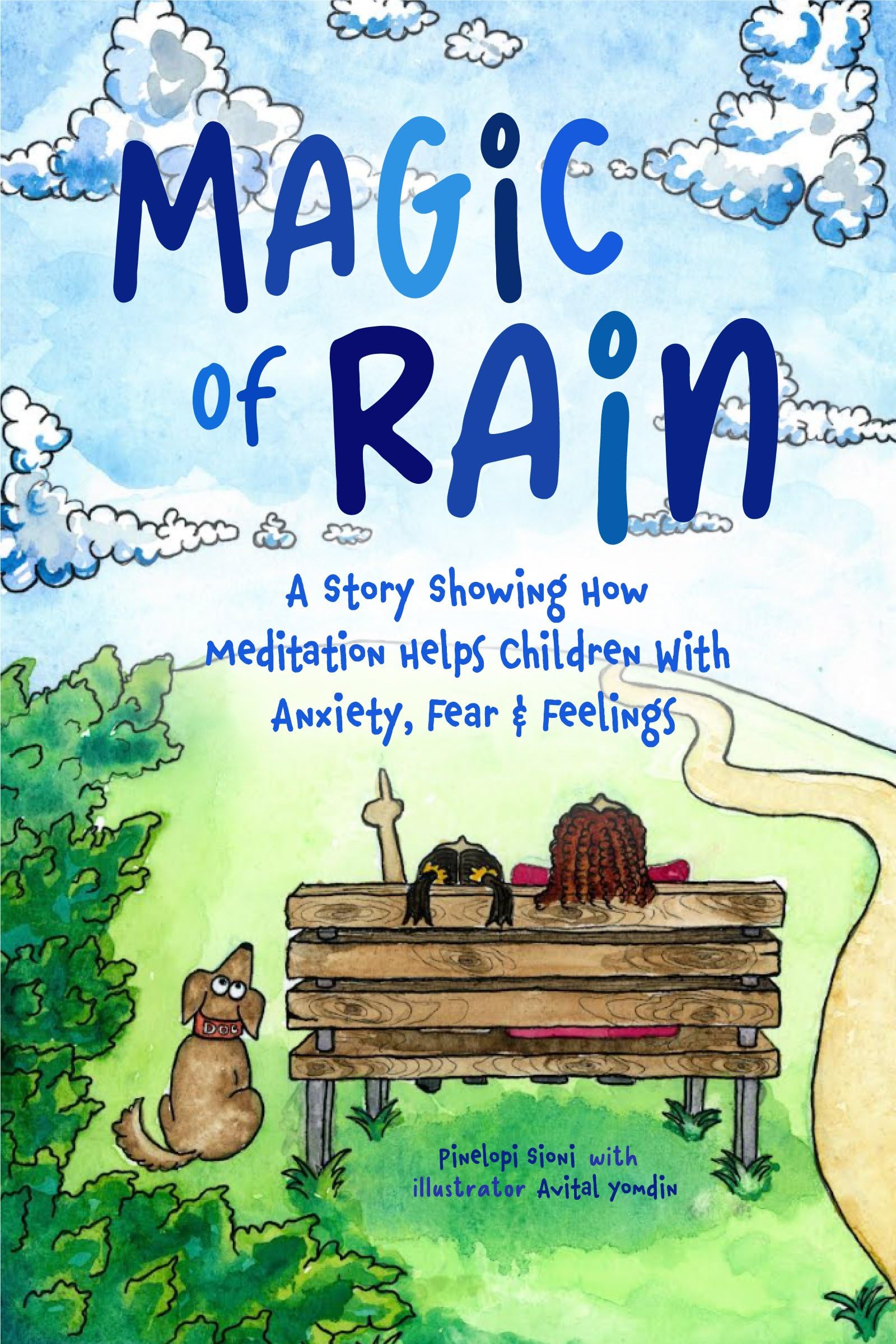 Version 100 – To Speak Online Cover of a children’s book titled 'Magic of Brain' in blue letters, with clouds and sky background; subtitle mentions meditation helping kids with anxiety and feelings.