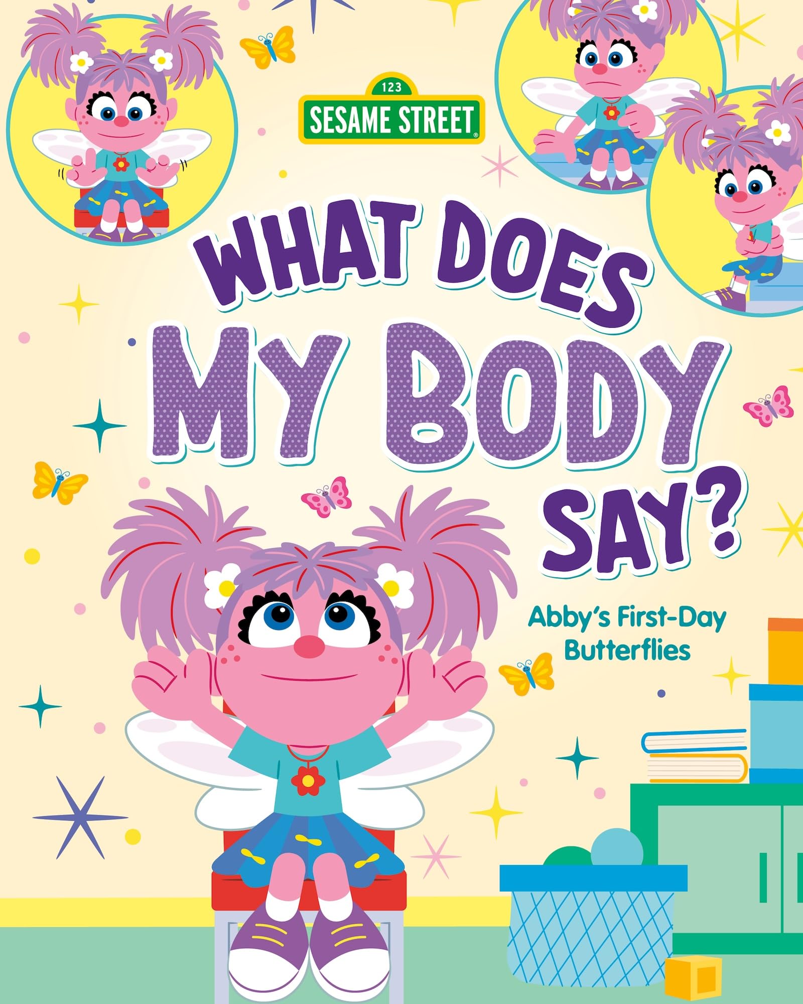 Version 100 – To Speak Online Bright Sesame Street children's book cover showing Abby Cadabby with pink skin and purple hair, large 'WHAT DOES MY BODY SAY?' title, butterflies and stars around her.
