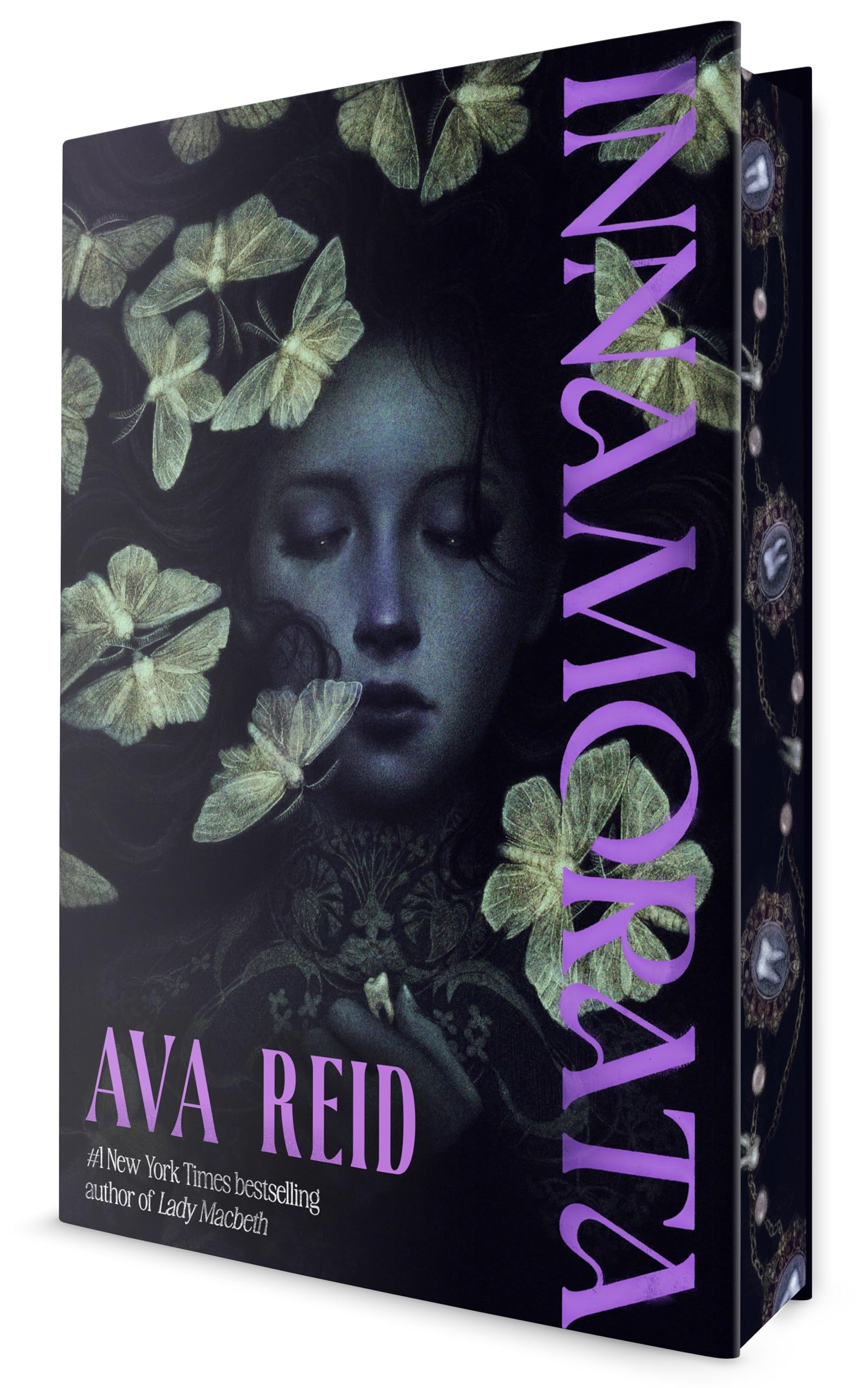 Version 100 – To Speak Online Book cover for Ava Reid's novel, featuring a blue-tinted woman's face among pale butterflies and a bold vertical purple title along the edge.