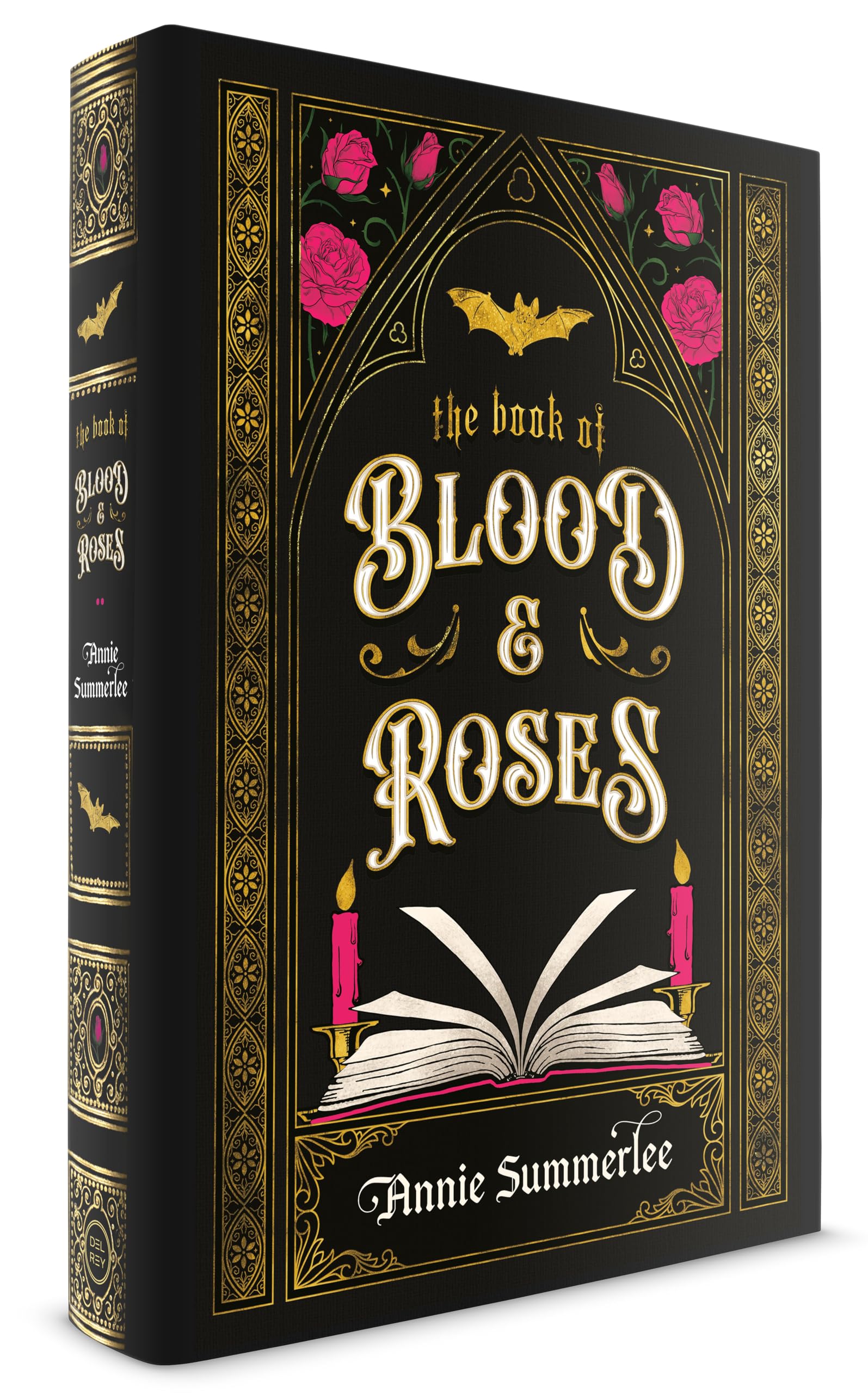 Version 100 – To Speak Online Gothic black book cover titled The Book of Blood & Roses with a gold bat motif, pink roses, and an open book motif at the bottom (author Annie Summerlee).