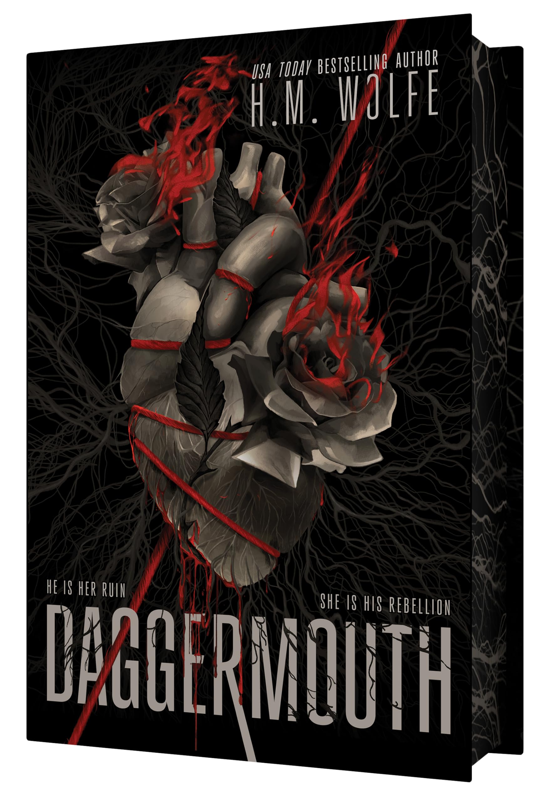 Version 100 – To Speak Online Book cover with bound grayscale roses wrapped in red rope on a dark background; author H. M. Wolfe and a partially visible title at the bottom.