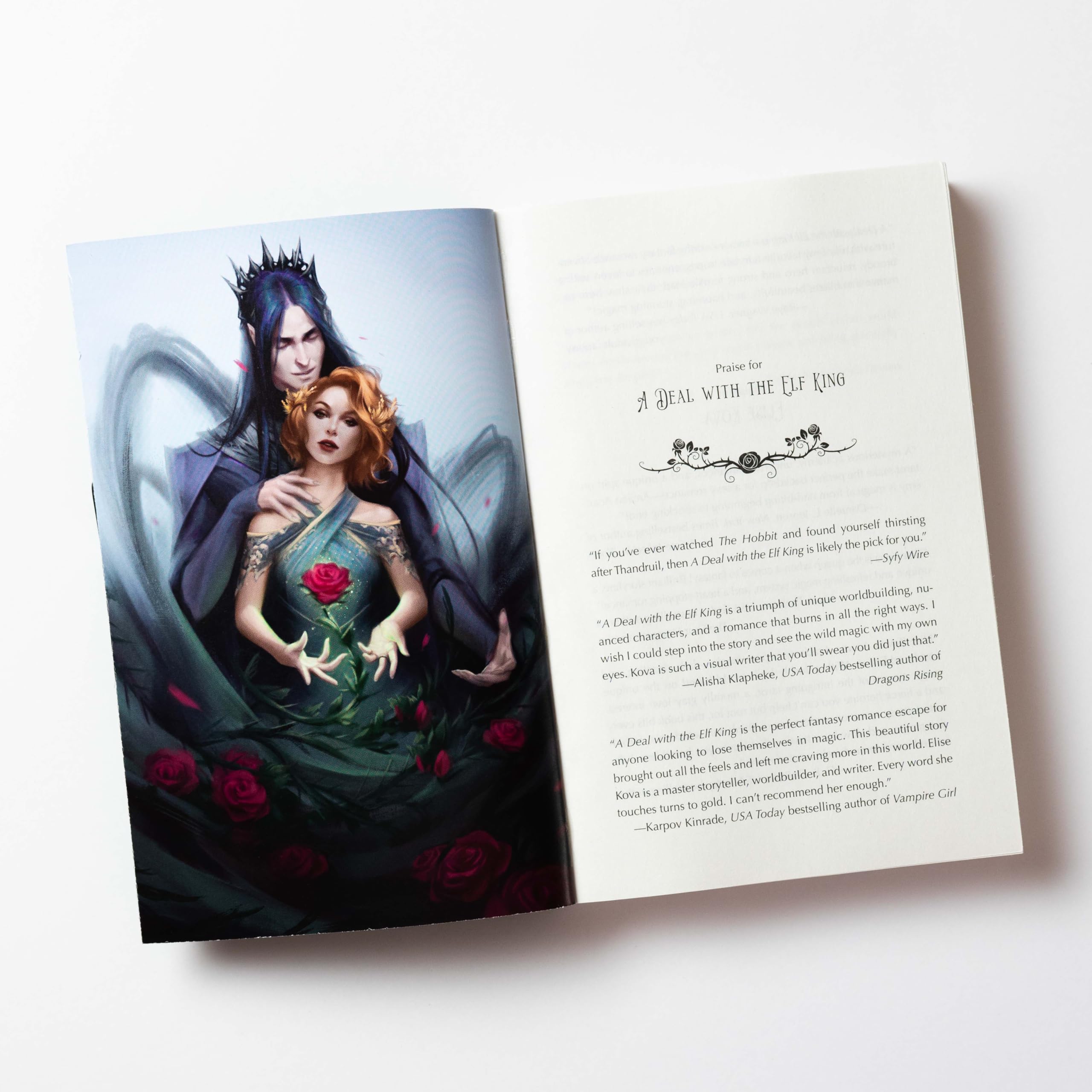 Version 100 – To Speak Online Open book spread: left page has a fantasy illustration of a crowned figure and a woman among roses; right page shows paragraphs of text with a decorative header.