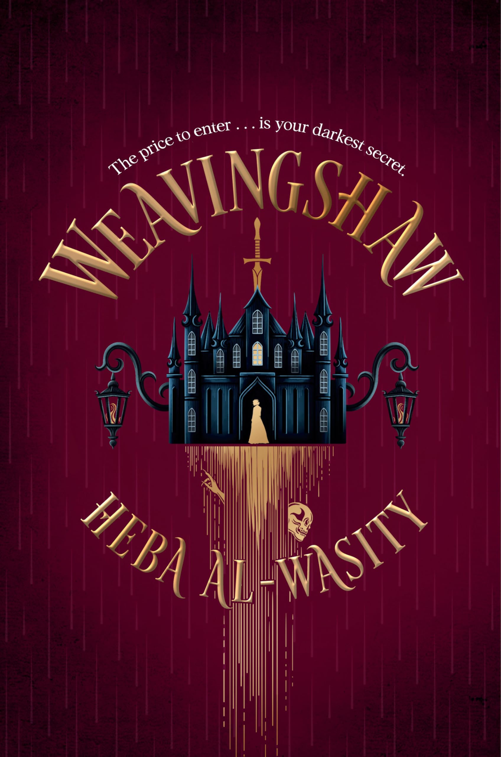 Version 100 – To Speak Online Gothic movie poster with a maroon background, a blue haunted mansion at center, arched gold title above, and eerie street lamps on either side; tagline reads 'The price to enter ... is your darkest secret'.