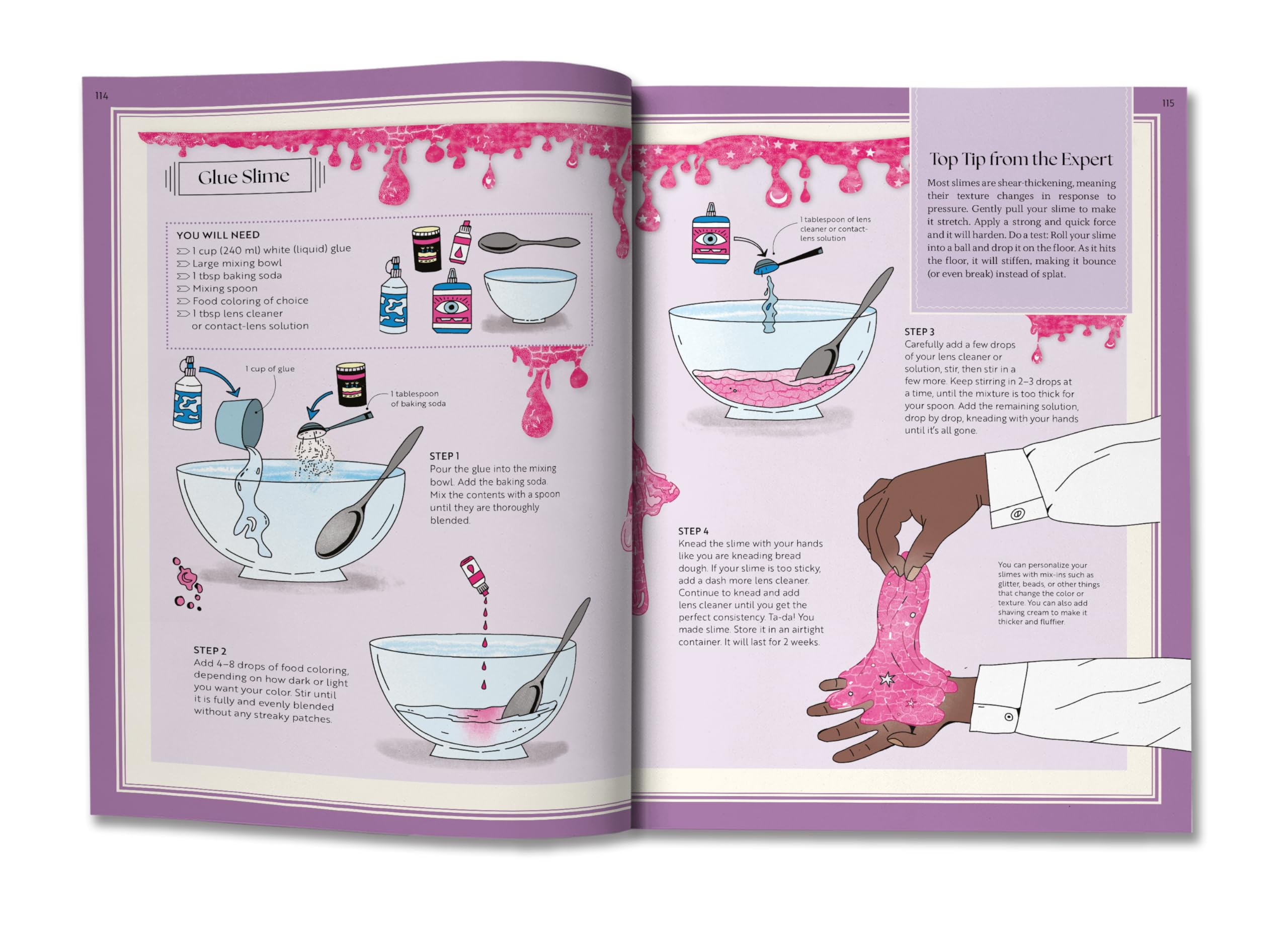 Version 100 – To Speak Online Open magazine spread showing a glue slime recipe with bowls, bottles, and a spoon; pink slime drips decorate the page.