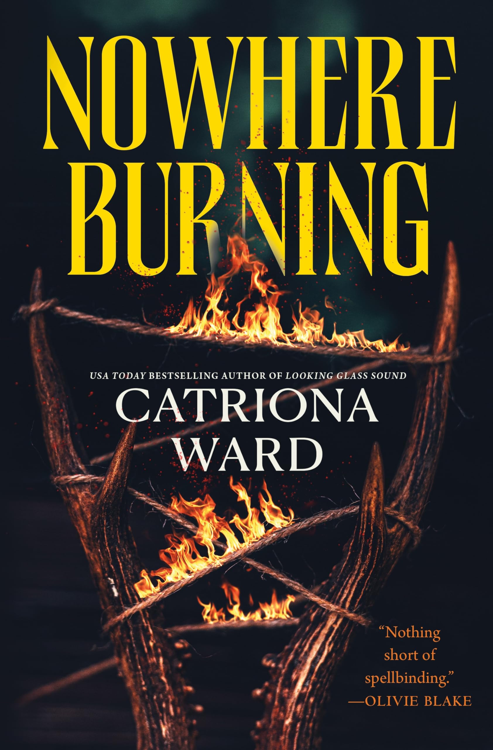 Version 100 – To Speak Online Cover image for 'Nowhere Burning' by Catriona Ward, with large yellow title over a dark background and flames licking a rope motif behind it.