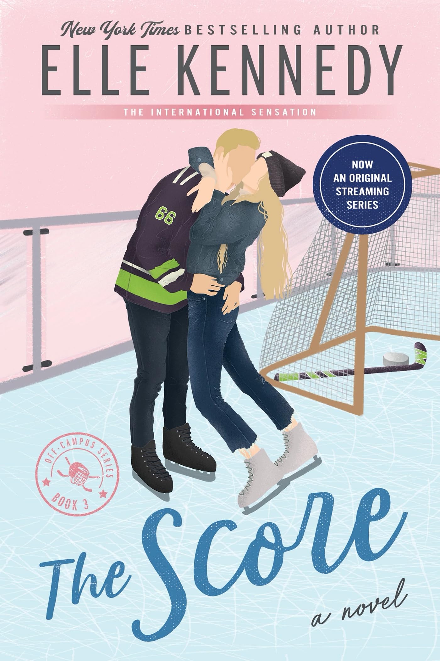 Version 100 – To Speak Online Romance novel cover with a couple kissing on an ice rink, pastel pink background, large 'Elle Kennedy' text, and a blue 'Now an original streaming series' badge.