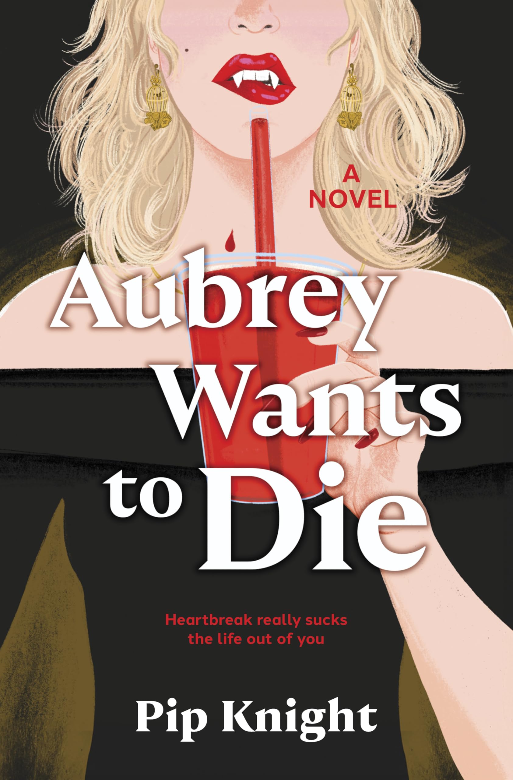 Version 100 – To Speak Online Book cover illustration: blond woman with red lips biting a red straw, title 'Aubrey Wants to Die' in white letters.