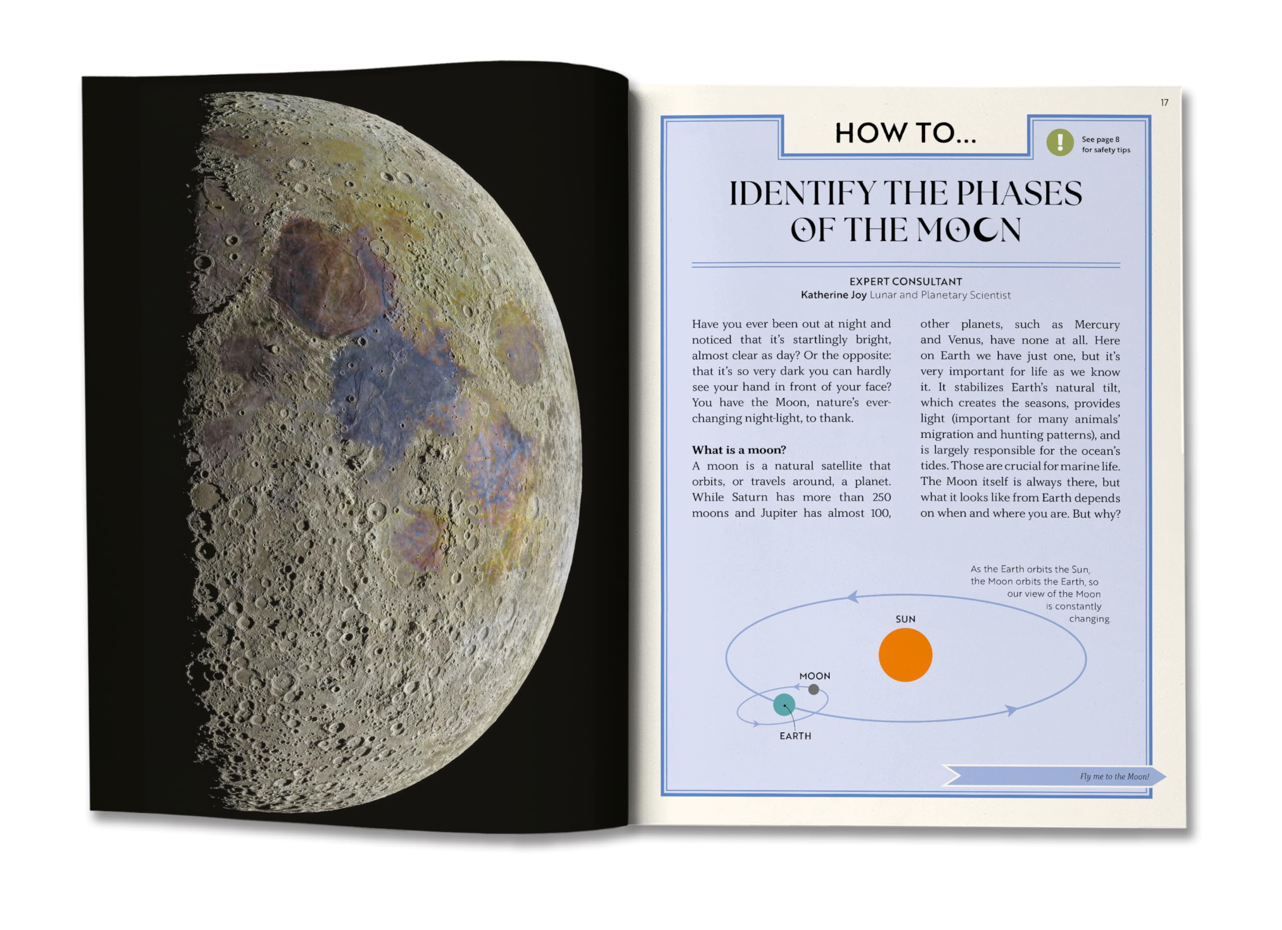 Version 100 – To Speak Online Open book showing a close-up of the Moon on the left and a blue infographic about moon phases on the right, titled How to Identify the Phases of the Moon.