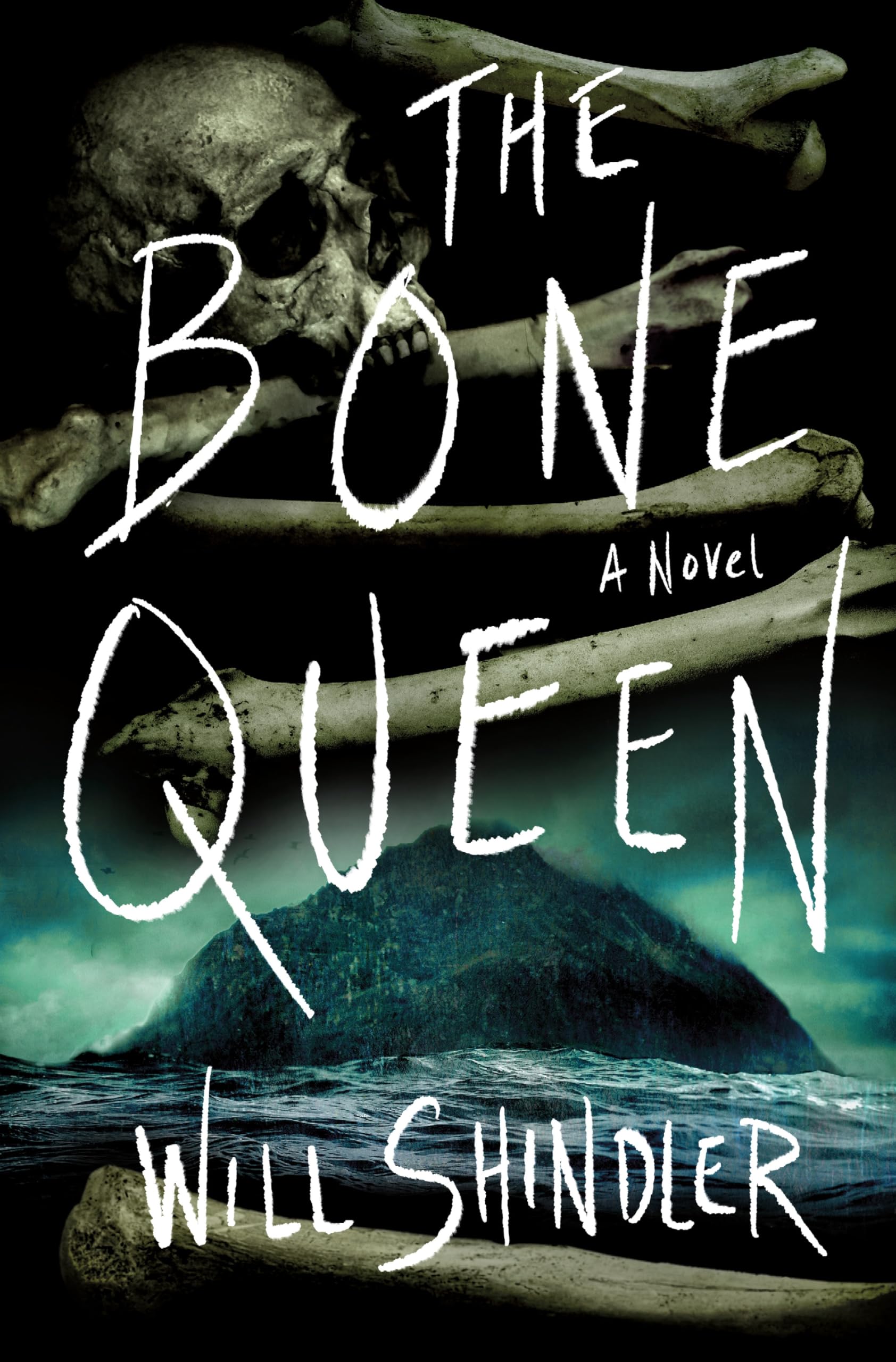 Version 100 – To Speak Online Book cover for 'The Bone Queen' with white handwritten title over a dark skull-and-bones background and the words 'A Novel'