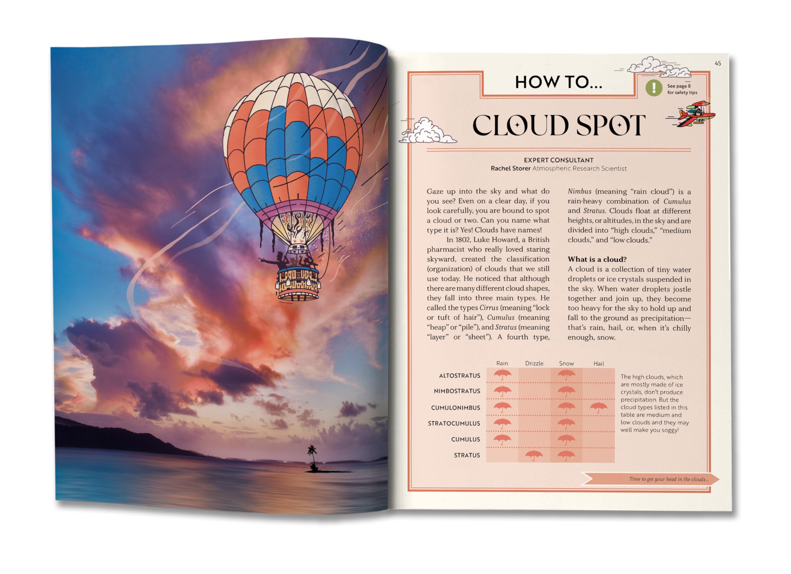Version 100 – To Speak Online Two-page spread: left page a colorful hot air balloon against sunset sky; right page a vintage infographic titled 'How To... Cloud Spot' with text blocks.