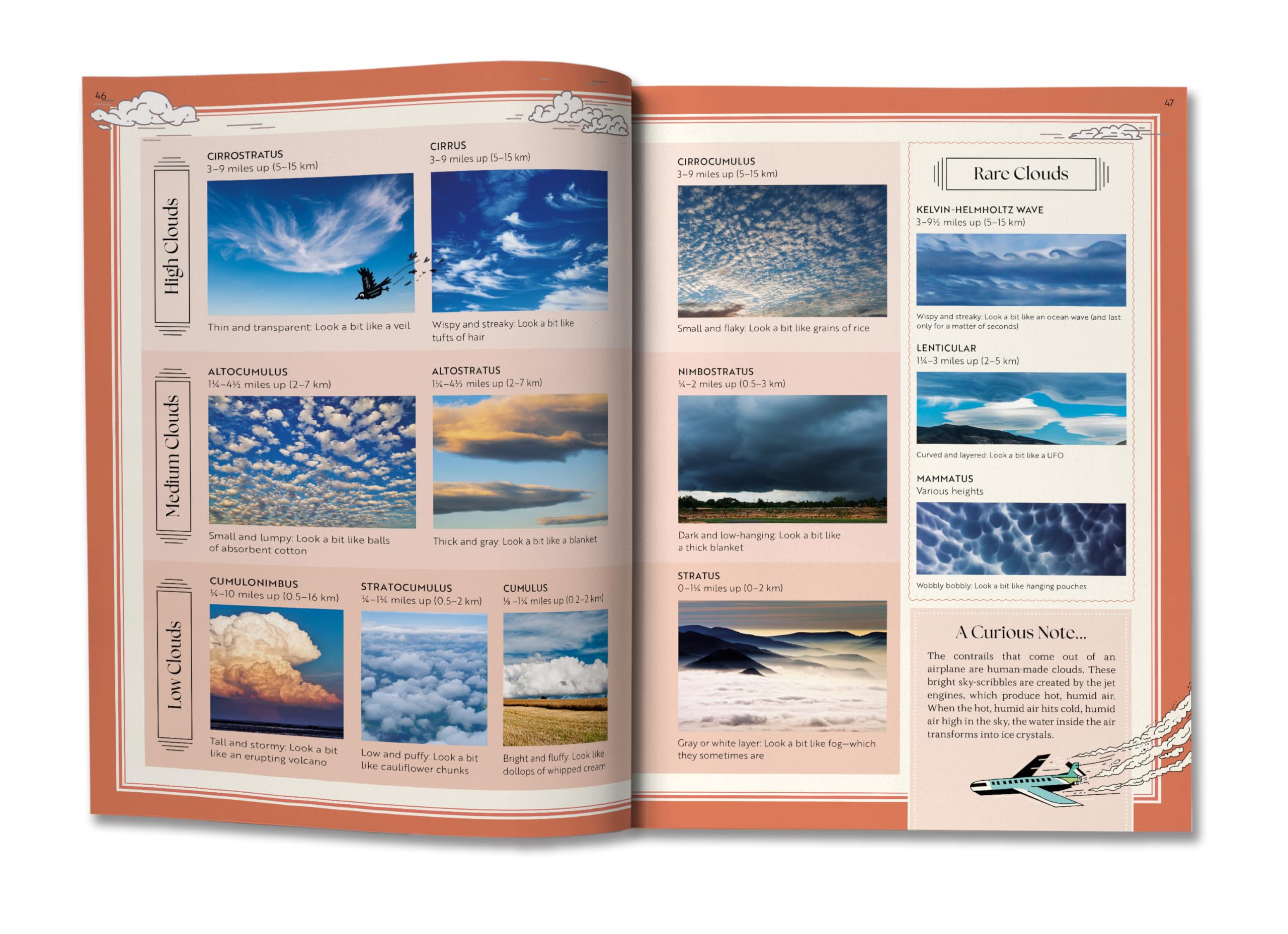 Version 100 – To Speak Online Spread from a vintage science book showing high cloud types with labeled photos: Cirrus, Cirrostratus, Cirrocumulus and captions describing their textures and heights.