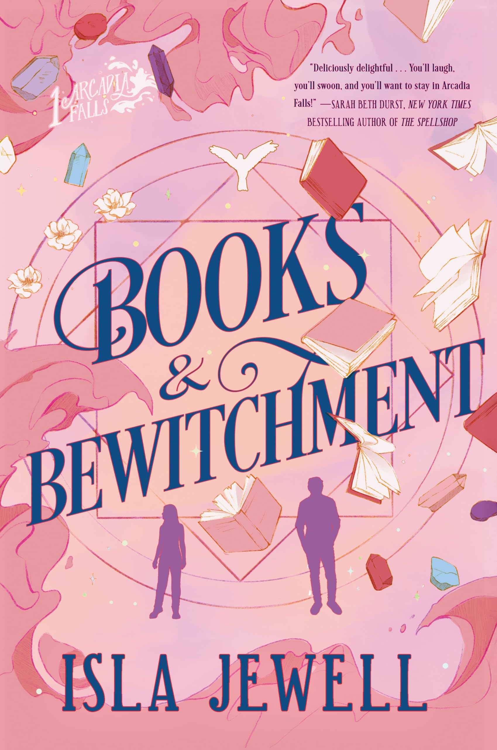 Version 100 – To Speak Online Pink-toned fantasy book cover with large blue title, floating books and crystals, and silhouetted figures at the bottom.