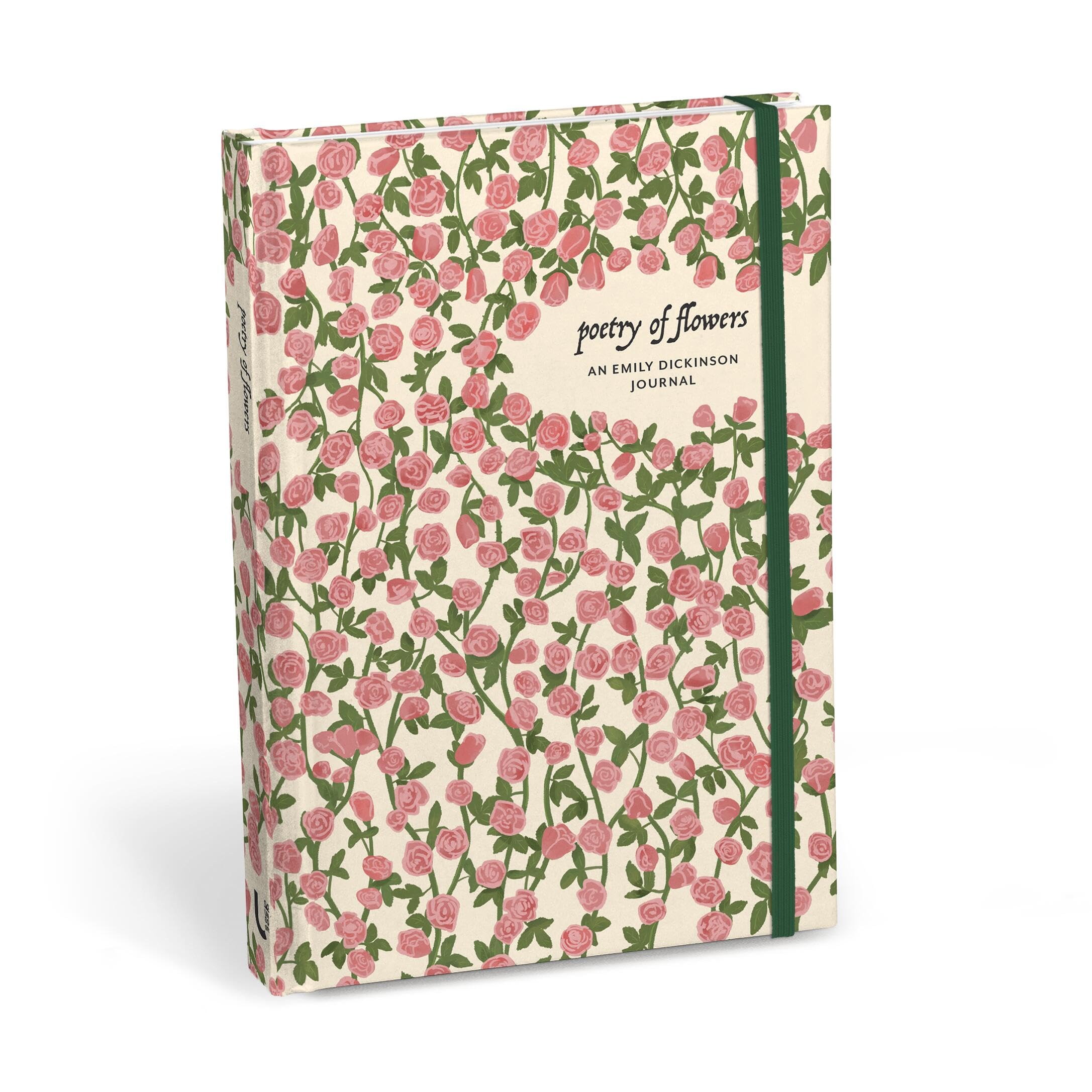 Version 100 – To Speak Online Hardcover journal with a pink rose pattern on cream cover and a green elastic strap