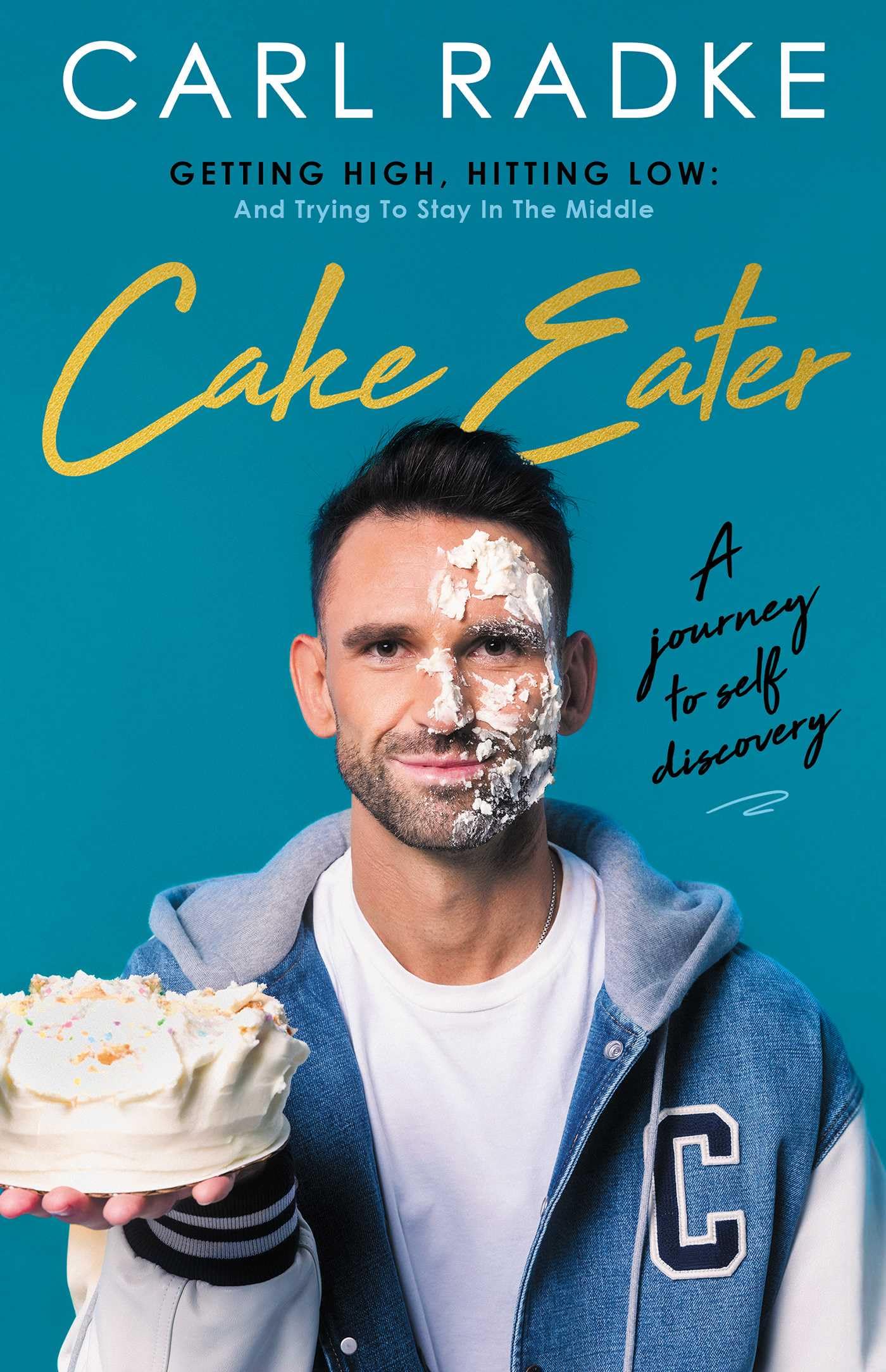 Version 100 – To Speak Online Man with cake frosting on his face holding a cake, wearing a blue denim jacket, against a teal background; cover reads 'Cake Eater'.
