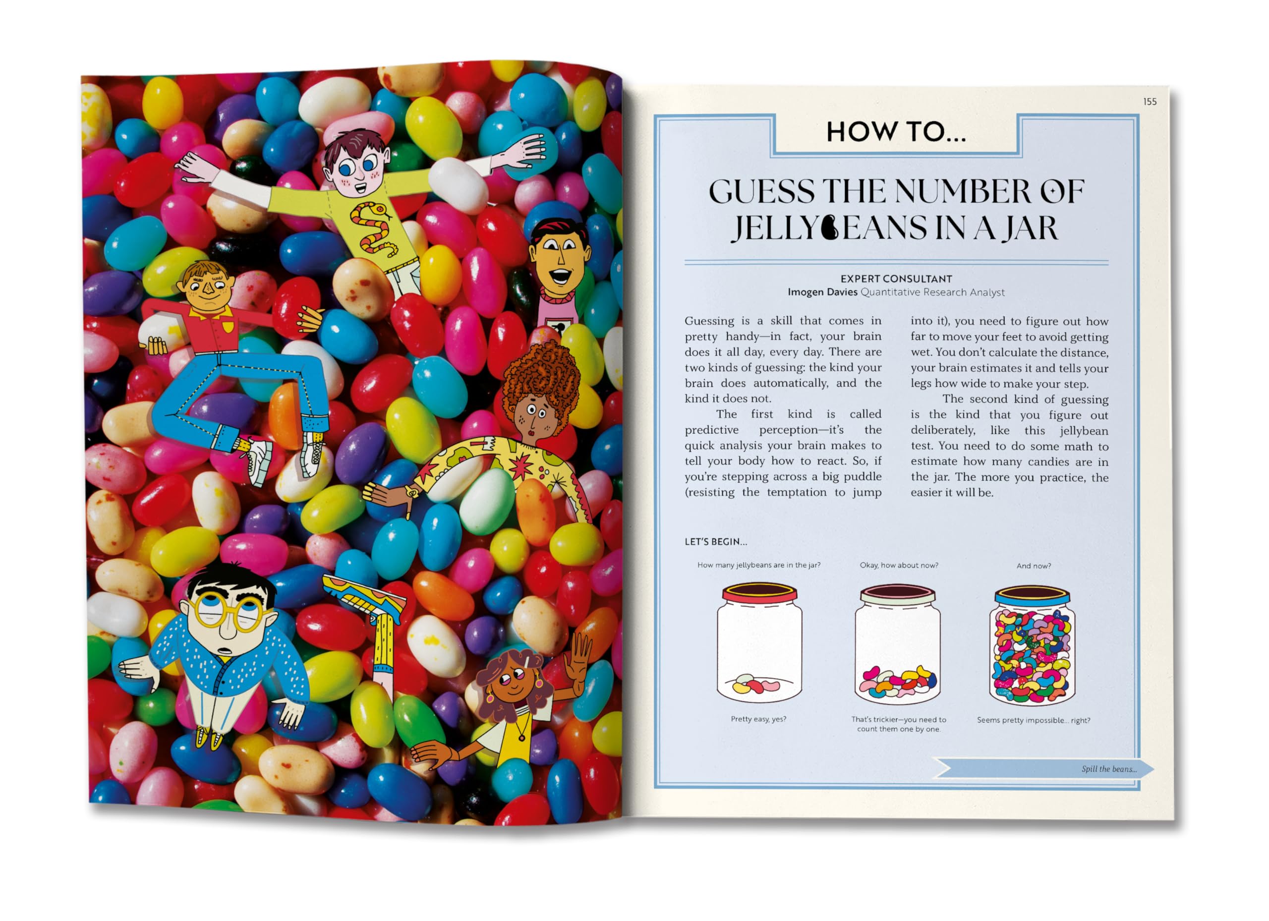 Version 100 – To Speak Online Left page filled with colorful jelly beans and cartoon cut-out characters among them; right page shows a magazine-style spread titled 'How To... Guess the Number of Jelly Beans in a Jar' with instructions.