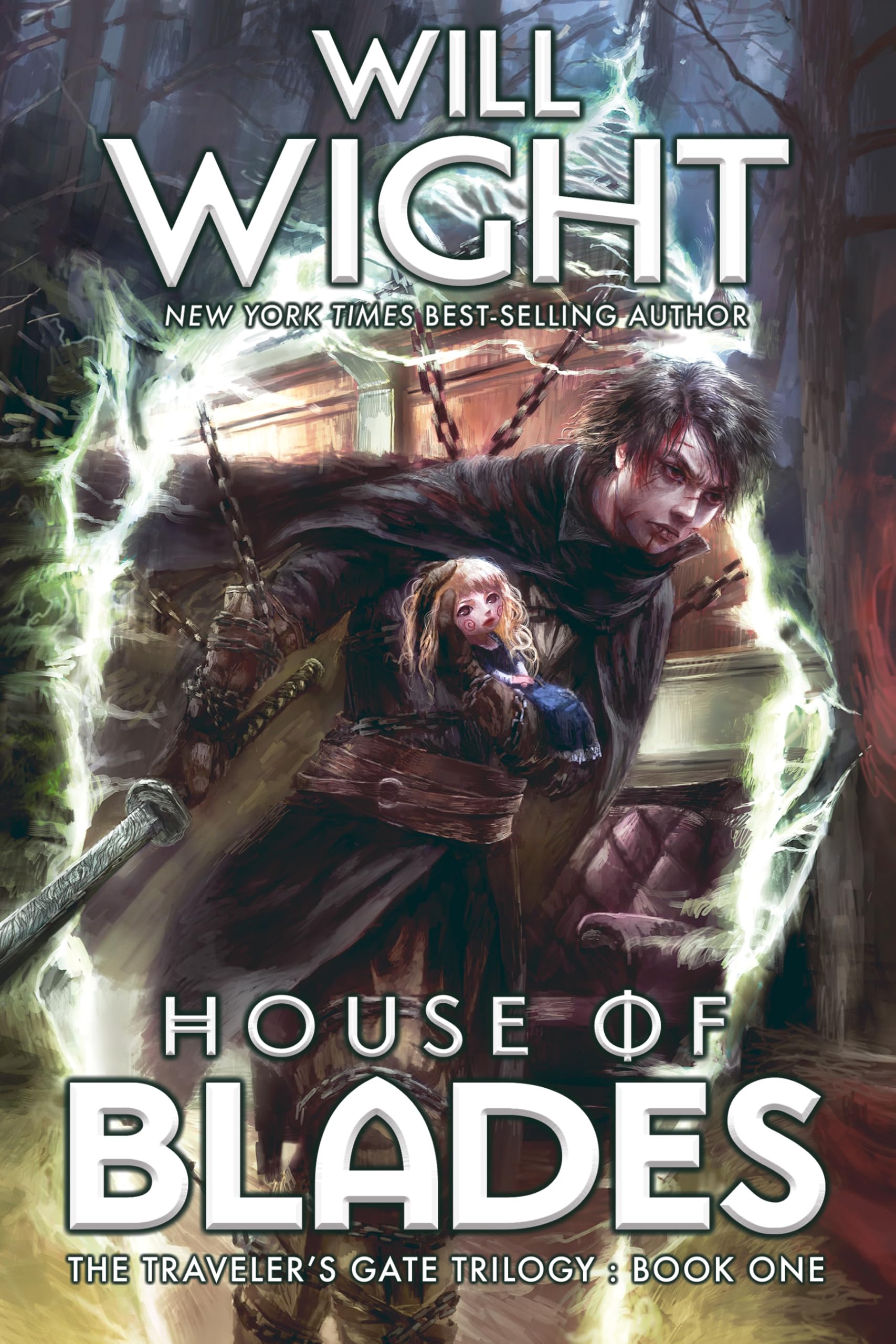 Version 100 – To Speak Online Book cover for Will Wight's House of Blades: The Traveler's Gate Trilogy, Book 1, featuring a man in a dark cloak and a girl in a wooden cart amid magical energy.