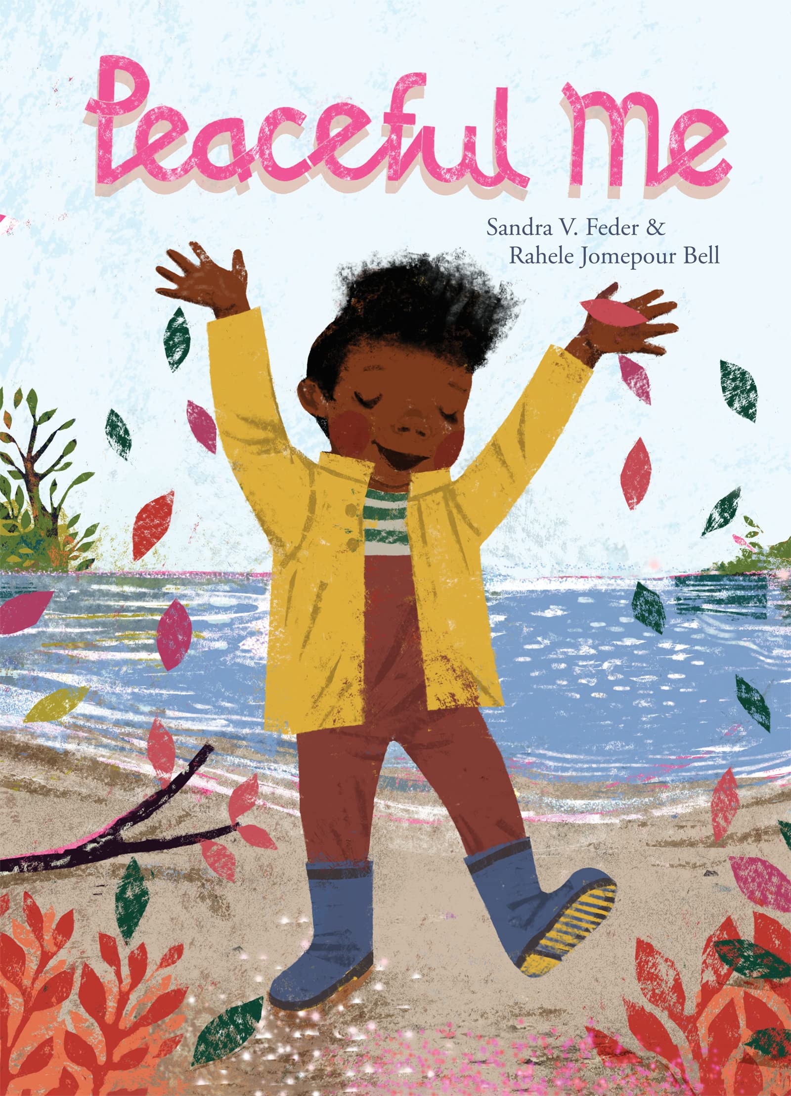 Version 100 – To Speak Online Cover of the children’s book Peaceful Me, showing a joyful child in a yellow jacket with arms raised by a lake and colorful leaves falling around.