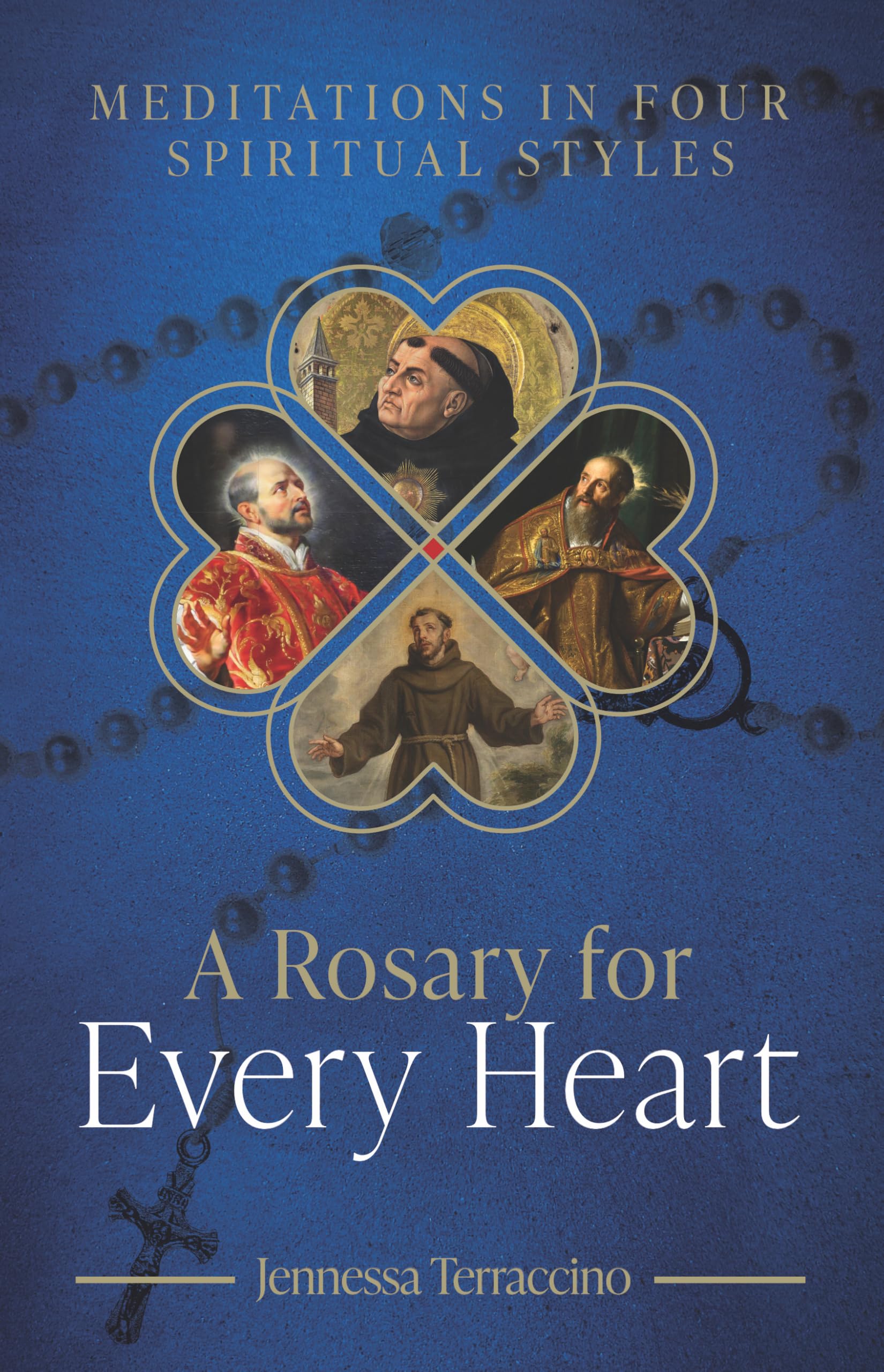 Version 100 – To Speak Online Blue book cover titled “A Rosary for Every Heart” by Jennessa Terraccino, featuring a gold-bordered four-leaf-clover collage of saints and a rosary motif in the background.