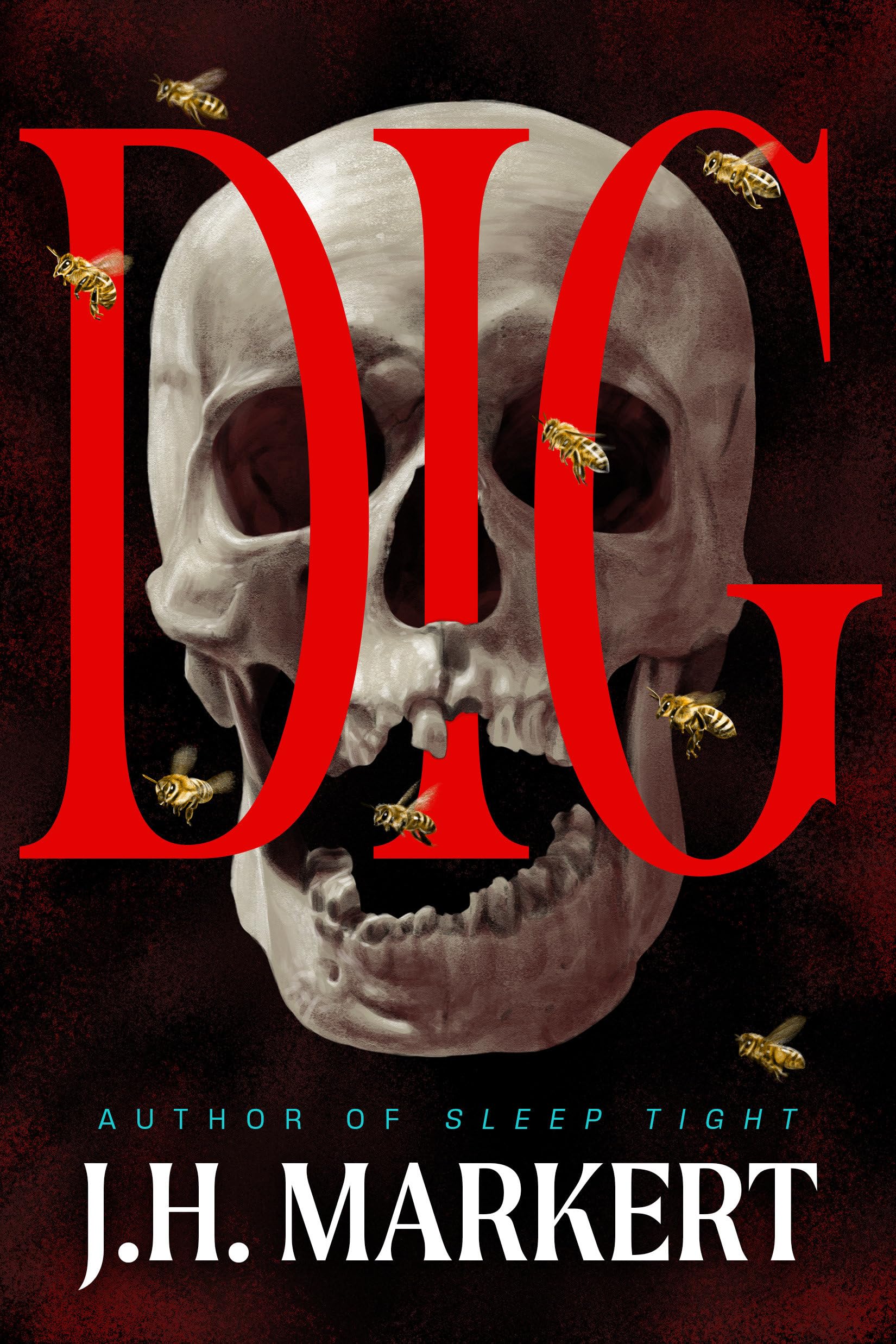 Version 100 – To Speak Online Dark book cover featuring a grayscale skull overlaid with large red letters and several bees buzzing around the skull; author J. H. Markert.