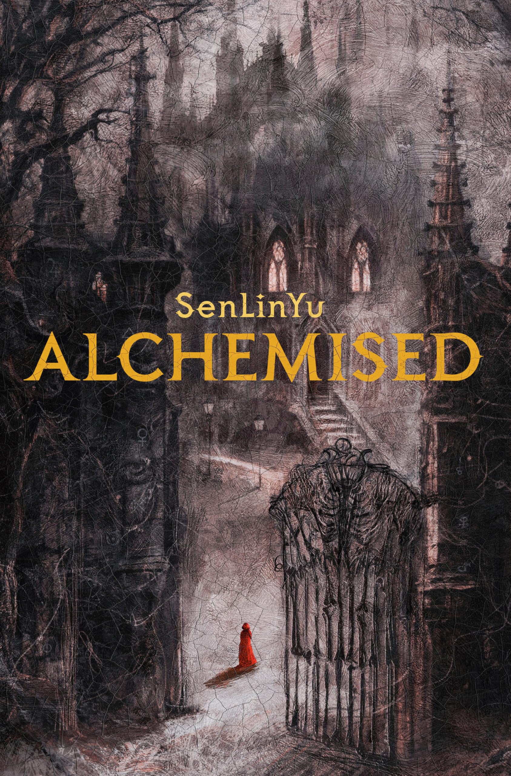 Version 100 – To Speak Online Book cover for 'ALCHEMISED' by SenLinYu: dark gothic castle scene with a small red-cloaked figure on a snowy path in the foreground.