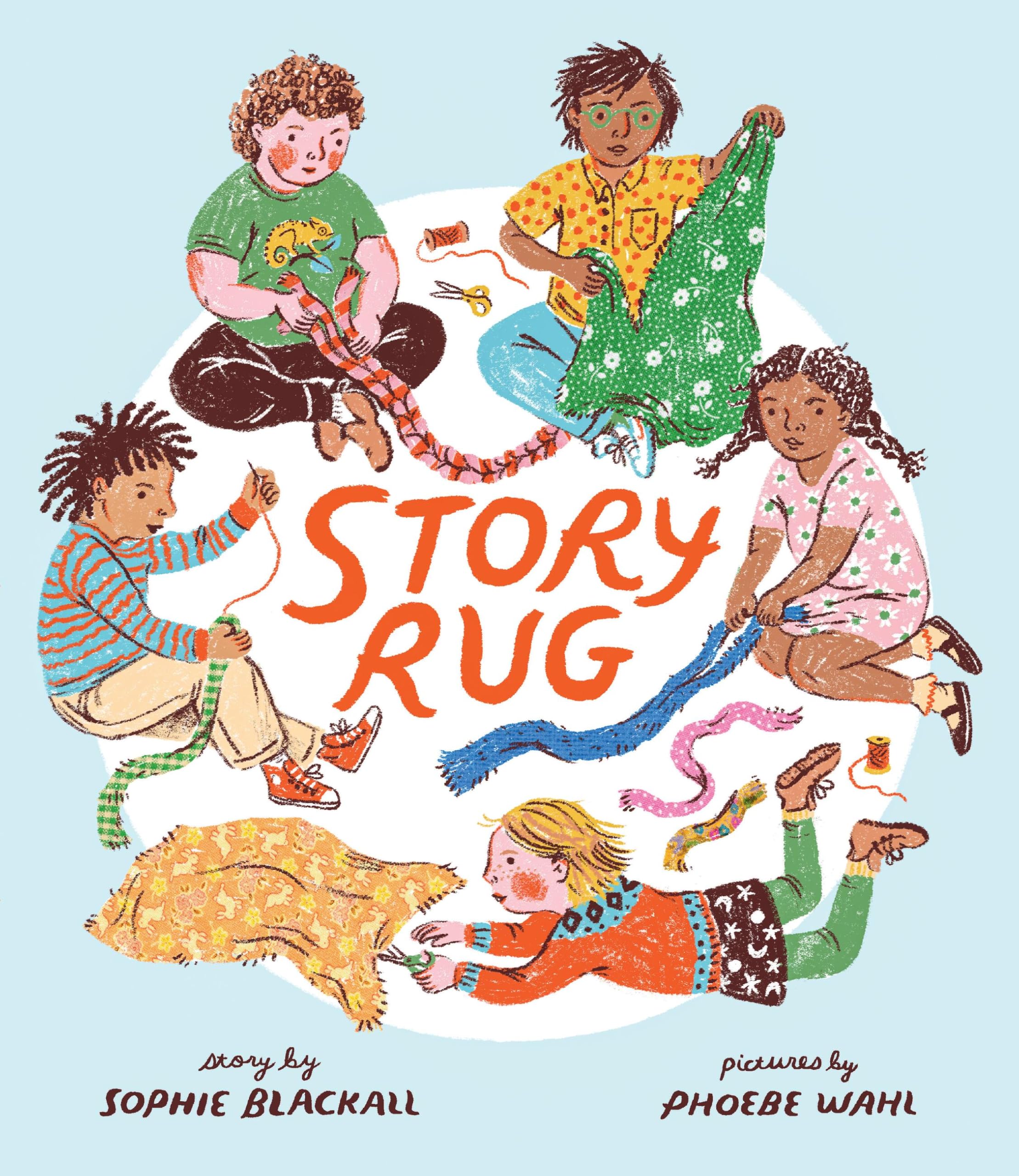 Version 100 – To Speak Online Diverse kids sit in a circle, weaving a large orange rug with yarn and scissors nearby.