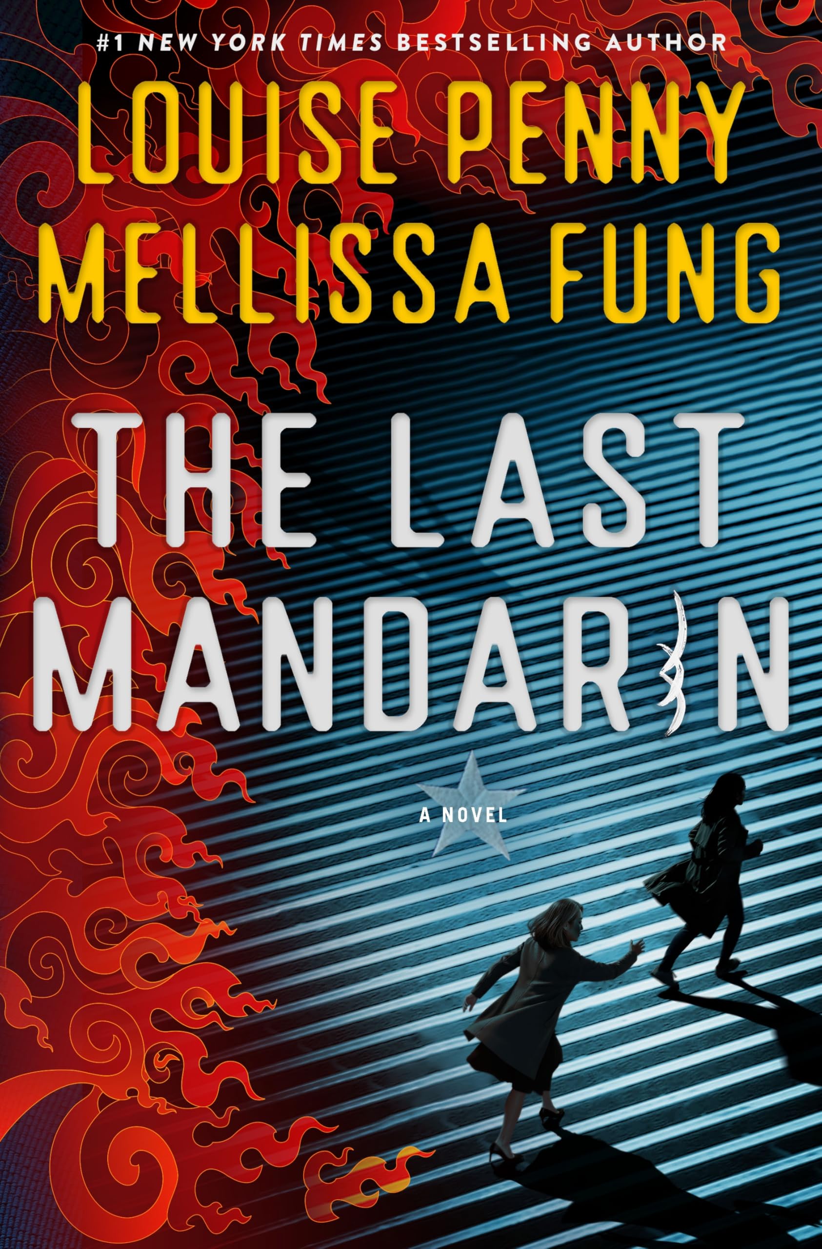 Version 100 – To Speak Online Cover art for a novel: red decorative swirls on the left, blue diagonal stripes on the right, silhouettes of people running, title 'The Last Mandarin'