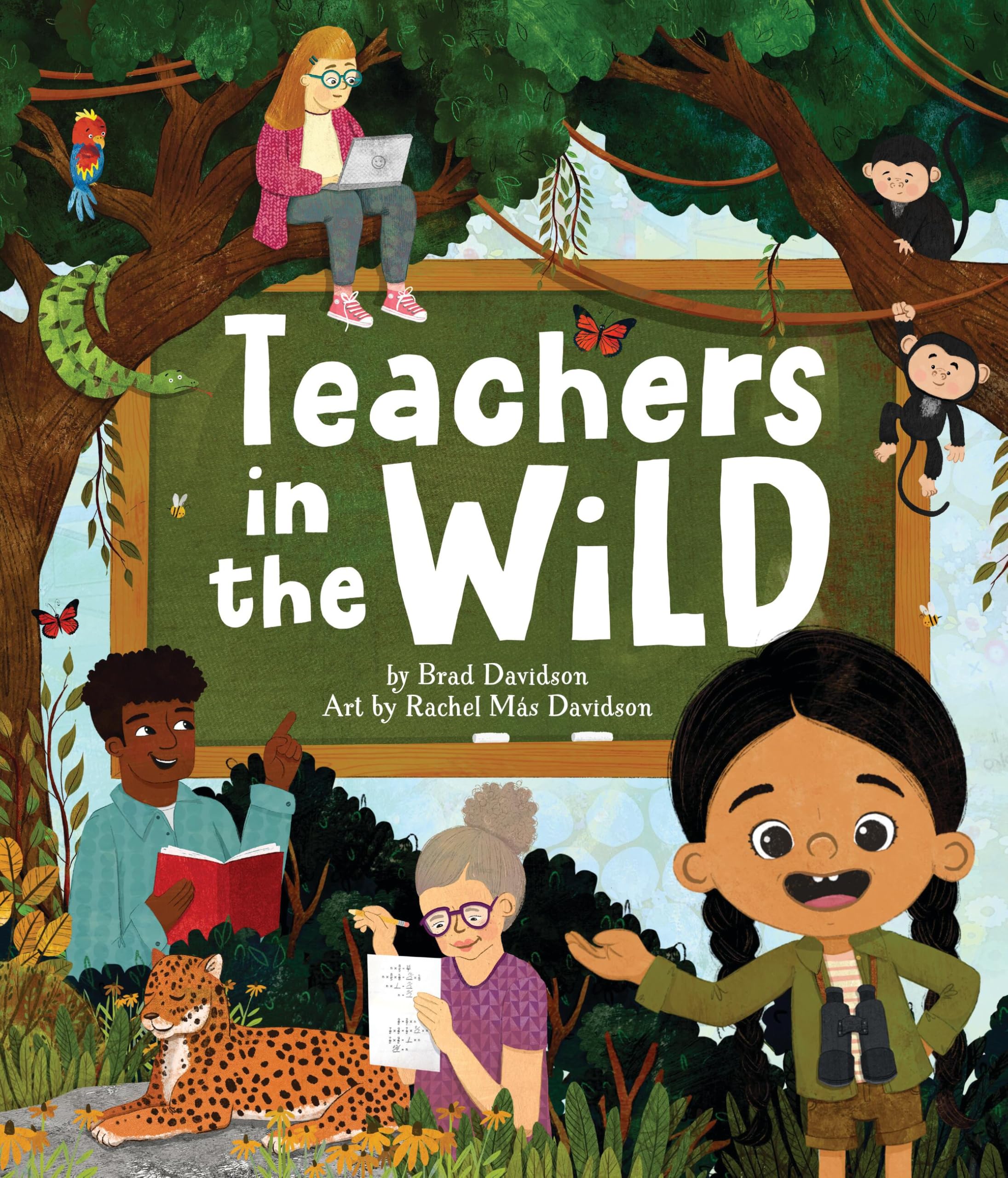 Version 100 – To Speak Online Children’s book cover: a group of diverse students in a jungle, a cheetah lounging on the ground, exotic animals nearby, with large white title text reading 'Teachers in the Wild'.