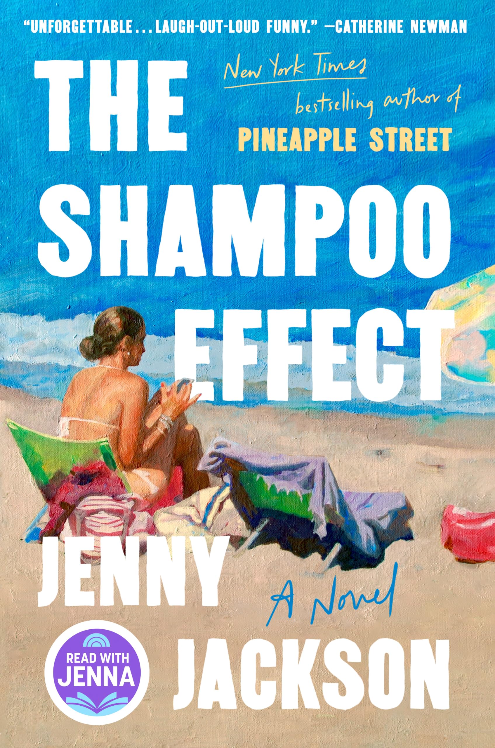 Version 100 – To Speak Online Book cover with large white title 'THE SHAMPOO EFFECT' over a blue beach scene; a woman sits on a towel at the shore, plus a round 'Read with Jenna' badge.