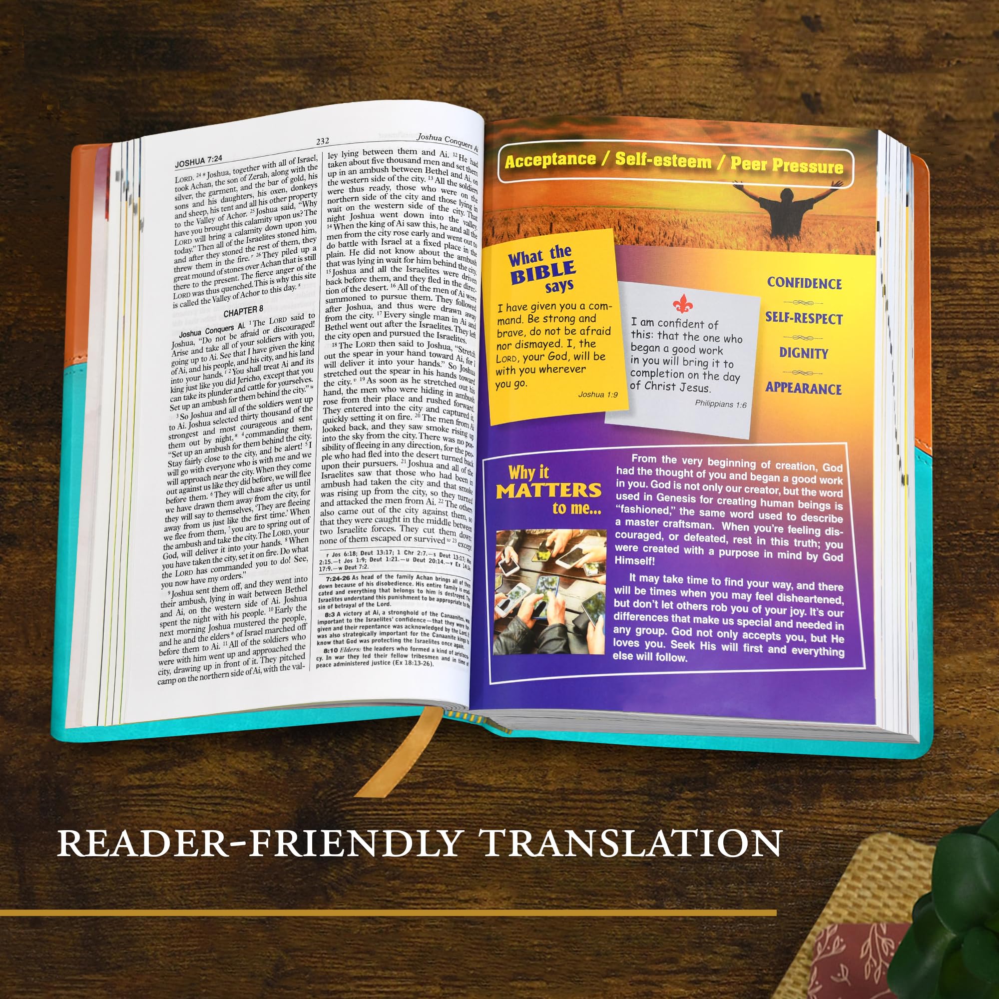 Version 100 – To Speak Online Open Bible on a wooden table with colorful devotional inserts on the right page; text reads 'Reader-friendly translation' at bottom.
