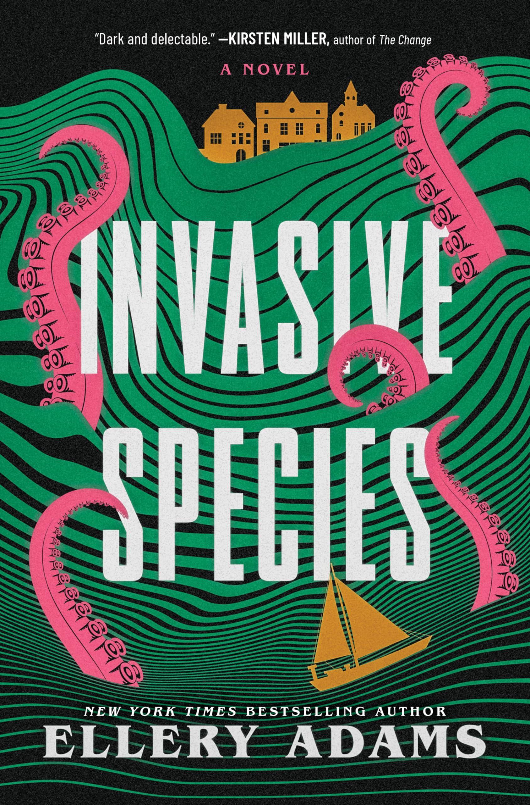 Version 100 – To Speak Online Book cover for 'Invisible Secrets' by Ellery Adams, with bold white title across green waves and pink tentacles.